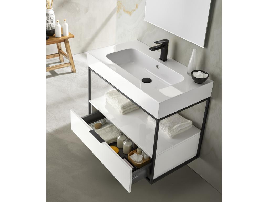 Bathroom cabinet with 1 wall-mounted drawer, glossy white with molded top - Length 100 x Height 54 x Depth 46 cm BPZJ63590