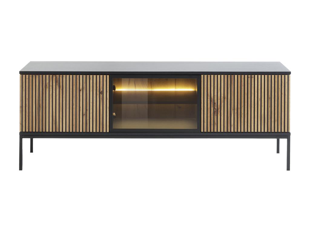 3-door TV unit with LEDs in MDF and smoked glass - Black and Natural - Lysvia VVNN65663
