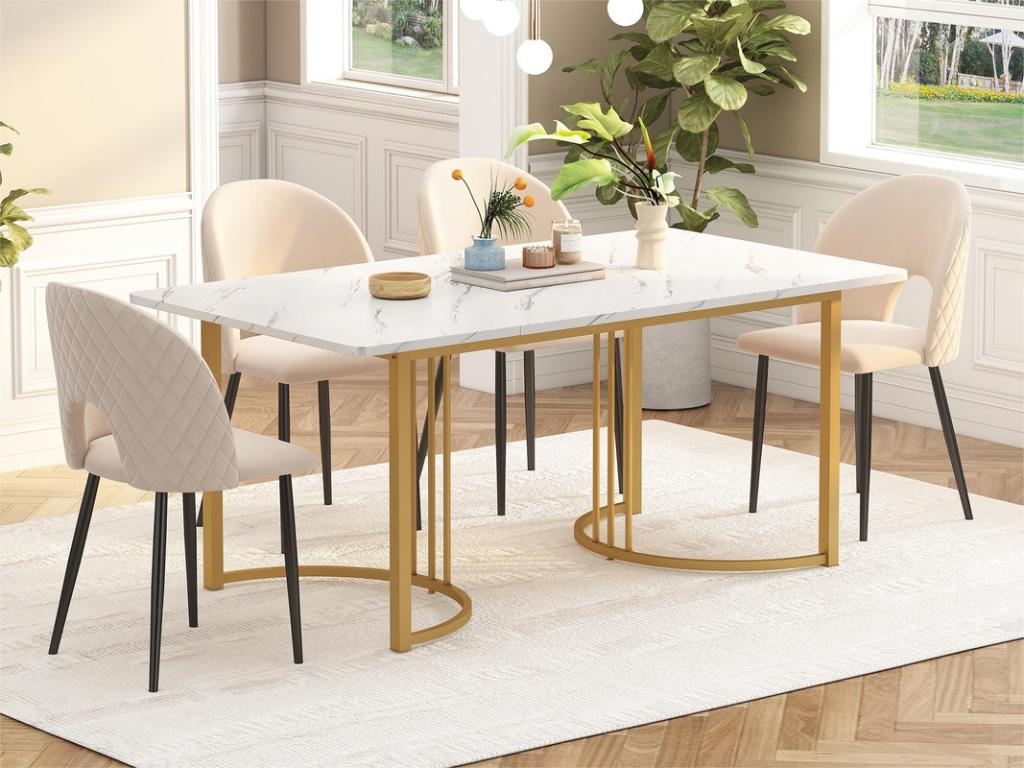 Dining table 140x80 cm with adjustable legs - metal frame - marble-effect veneer - White / Gold EQUP02267