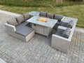 Rattan garden furniture set including gas fire pit table, sofa with 2 armchairs, 2 side tables, and stools, light grey, JYLI33592