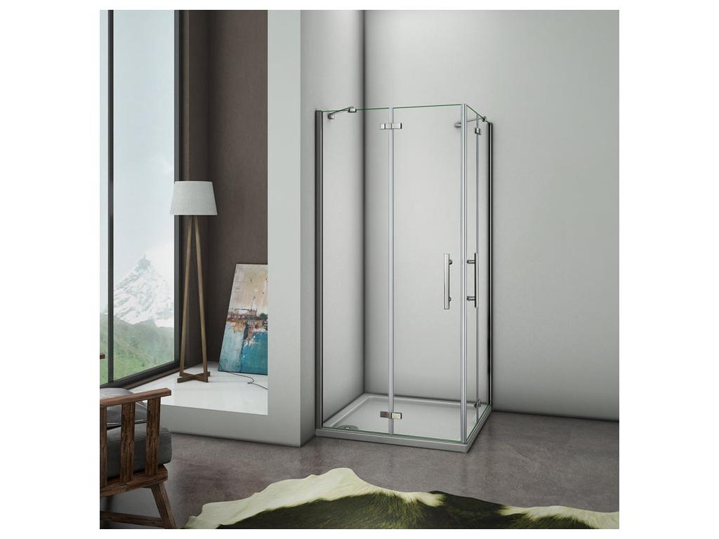 Hinged shower enclosure 90x80x185cm in 6mm tempered glass with anti-limescale coating, pivoting shower door with small fixed corner bar PNLA13773