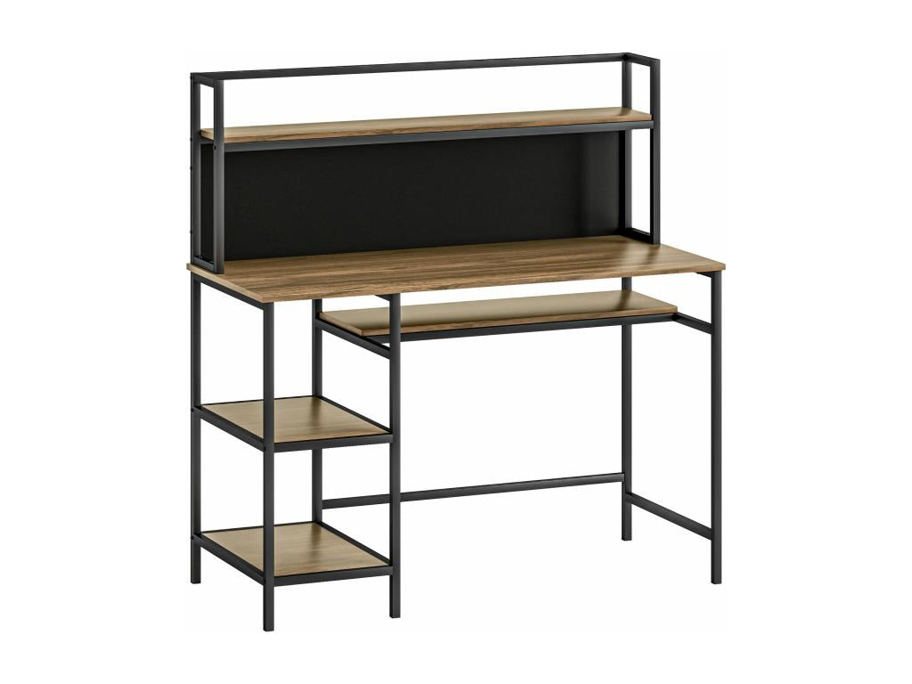 Industrial design computer desk with 4 shelves, large top and black metal panel with wood-effect finish VOVZ19462