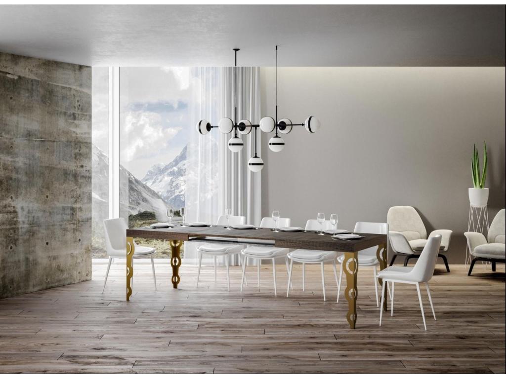 Extendable rectangular oriental table for 6 to 20 people, L 160 to 420cm, dark wood and gold metal legs, Elariva AGSS08661