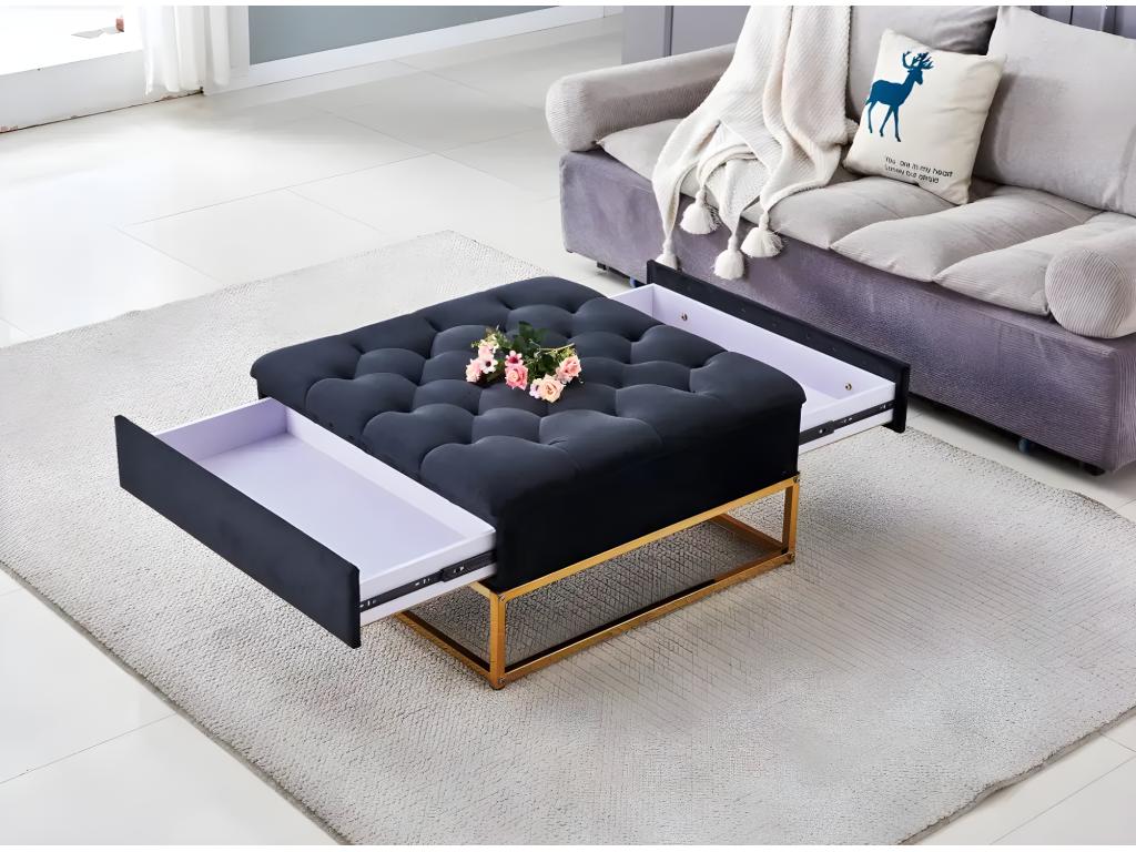 Coffee table with storage drawers, black tufted velvet top and gold legs YKFC85637