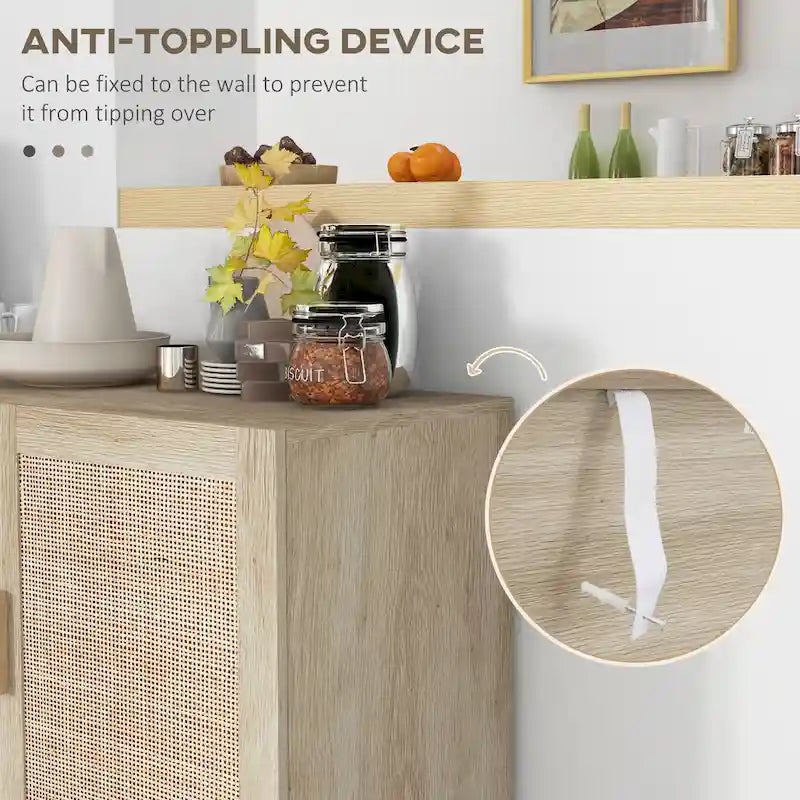 Sideboard Buffet Cabinet, Kitchen Cabinet, Coffee Bar Cabinet with 3 Rattan Doors and Adjustable Shelves, Natural Mixed