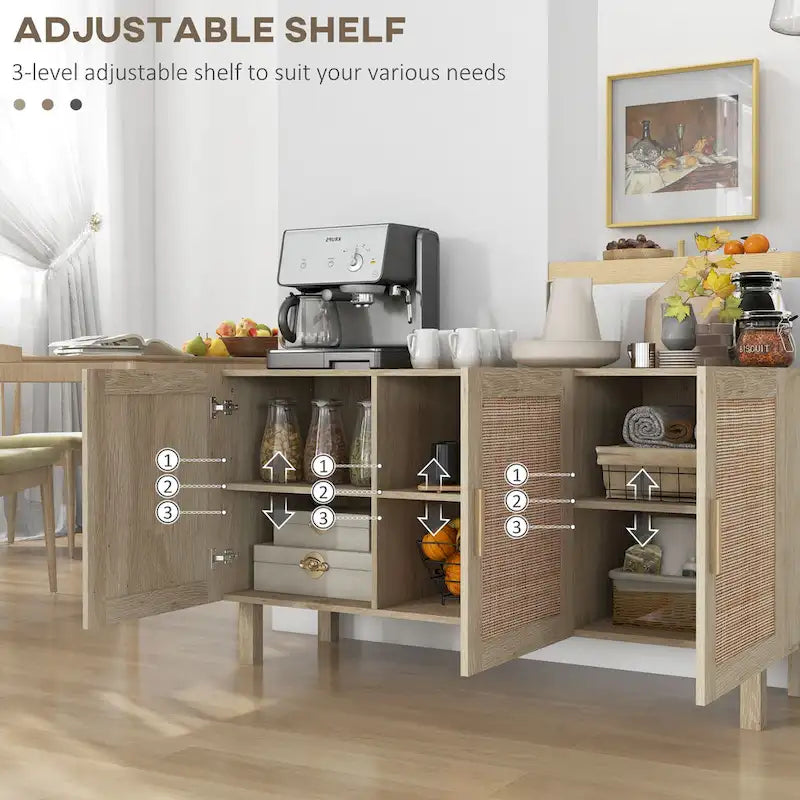Sideboard Buffet Cabinet, Kitchen Cabinet, Coffee Bar Cabinet with 3 Rattan Doors and Adjustable Shelves, Natural Mixed