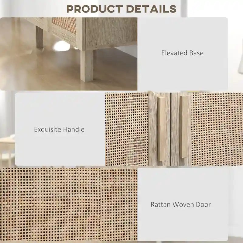 Sideboard Buffet Cabinet, Kitchen Cabinet, Coffee Bar Cabinet with 3 Rattan Doors and Adjustable Shelves, Natural Mixed