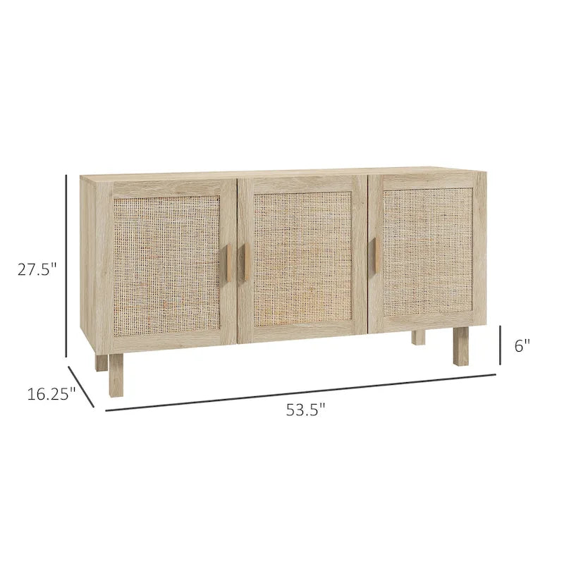 Sideboard Buffet Cabinet, Kitchen Cabinet, Coffee Bar Cabinet with 3 Rattan Doors and Adjustable Shelves, Natural Mixed