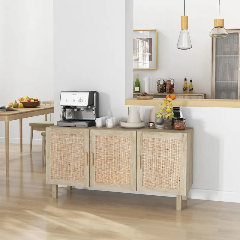 Sideboard Buffet Cabinet, Kitchen Cabinet, Coffee Bar Cabinet with 3 Rattan Doors and Adjustable Shelves, Natural Mixed