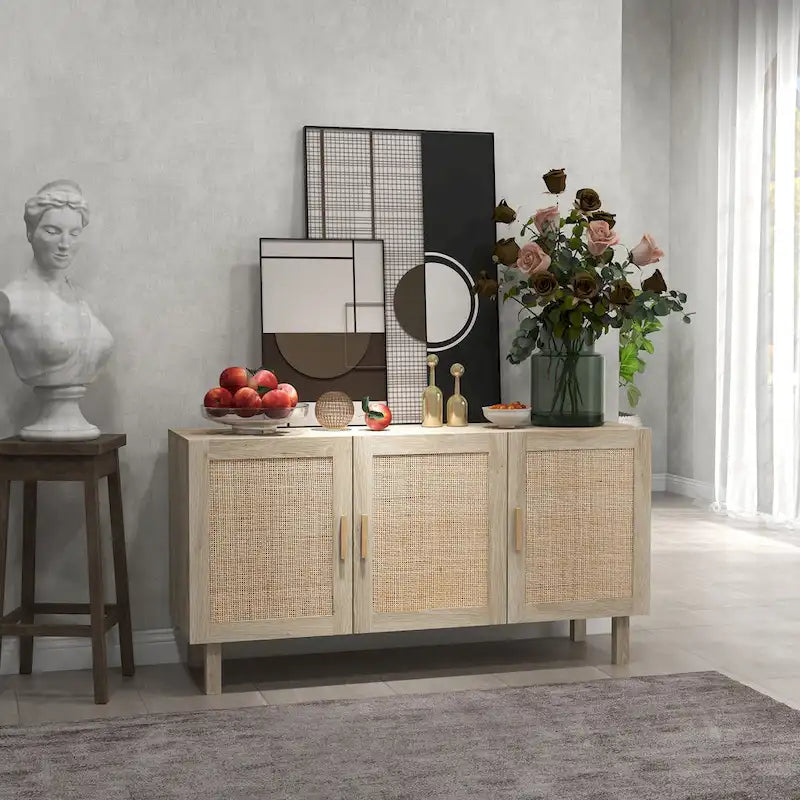 Sideboard Buffet Cabinet, Kitchen Cabinet, Coffee Bar Cabinet with 3 Rattan Doors and Adjustable Shelves, Natural Mixed