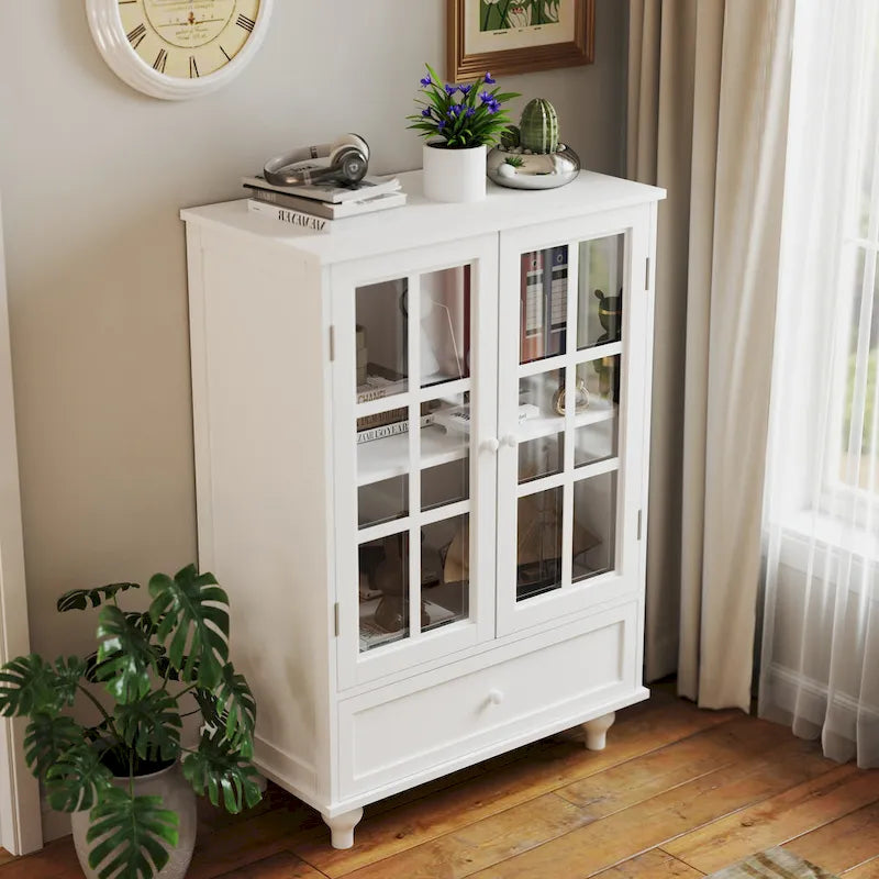Minimalist Buffet Cabinet with Double Glass Doors and Drawer, Wooden Storage Sideboard Cupboard for Living room, Hallway
