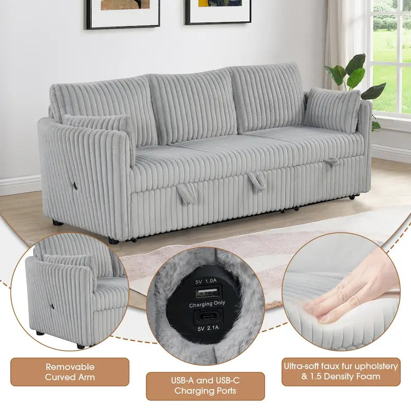 Modern Fabric Sleeper Sectional with USB and 2 pillows