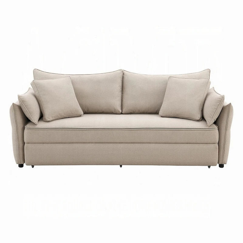 Leif Sofa with Full Size Pull Out Sleeper, 87 Inch Wood, Beige Fabric