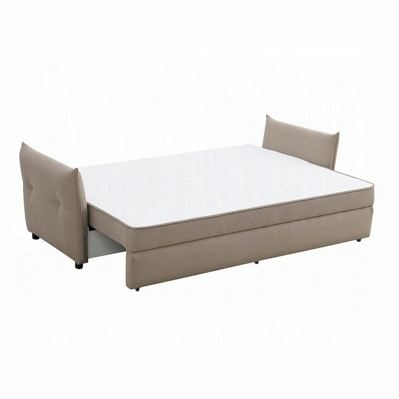 Leif Sofa with Full Size Pull Out Sleeper, 87 Inch Wood, Beige Fabric