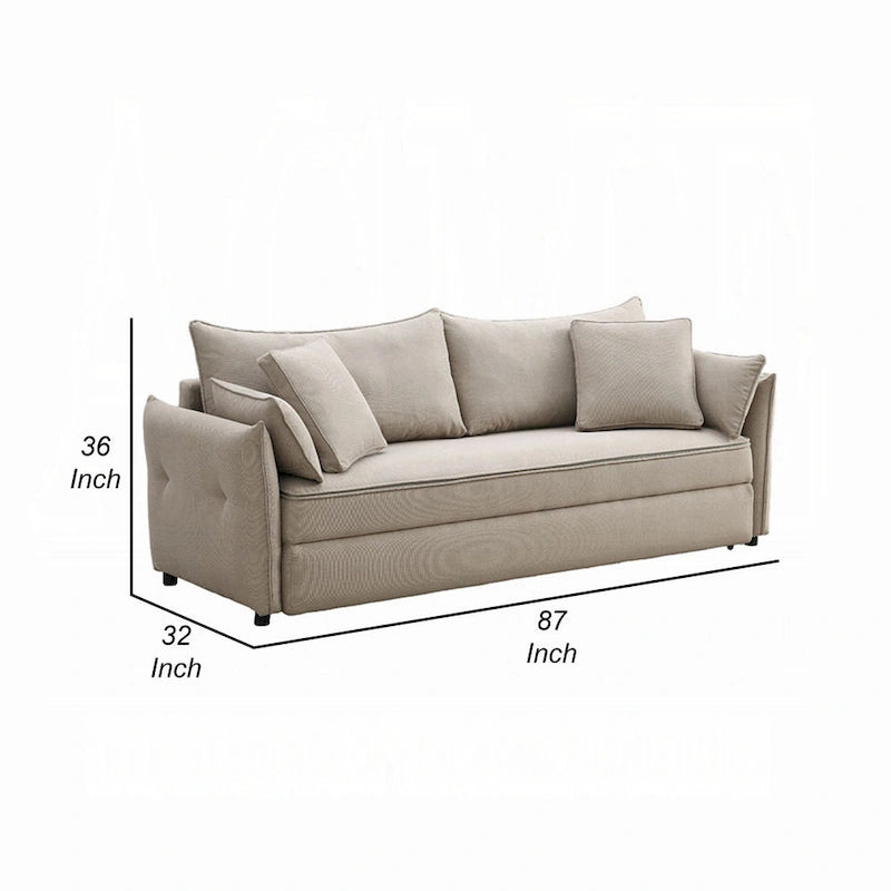 Leif Sofa with Full Size Pull Out Sleeper, 87 Inch Wood, Beige Fabric
