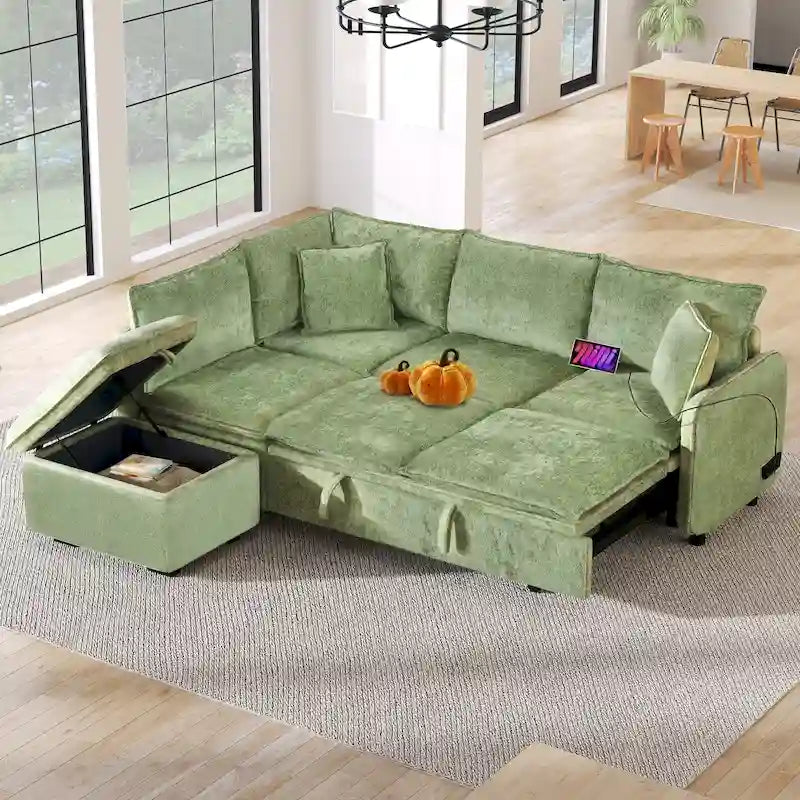 Roomfitters Convertible Sofa Bed Sectional Sleeper with Storage Ottoman, Two Pillows, USB Ports, and Power Sockets