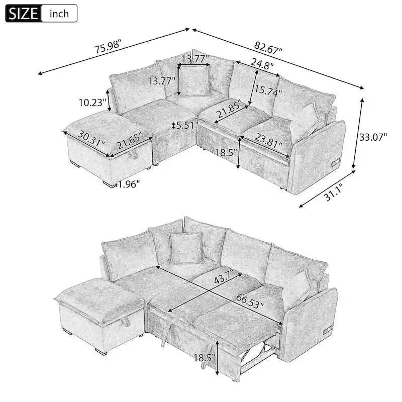 Roomfitters Convertible Sofa Bed Sectional Sleeper with Storage Ottoman, Two Pillows, USB Ports, and Power Sockets