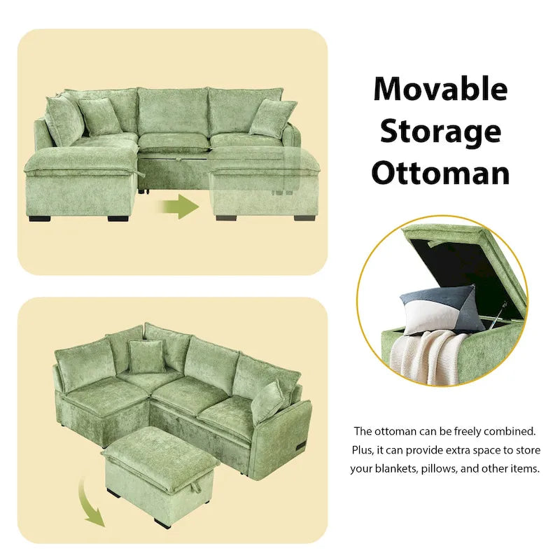 Roomfitters Convertible Sofa Bed Sectional Sleeper with Storage Ottoman, Two Pillows, USB Ports, and Power Sockets