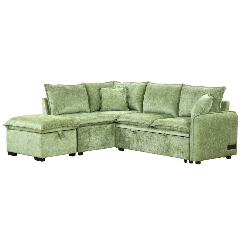 Roomfitters Convertible Sofa Bed Sectional Sleeper with Storage Ottoman, Two Pillows, USB Ports, and Power Sockets