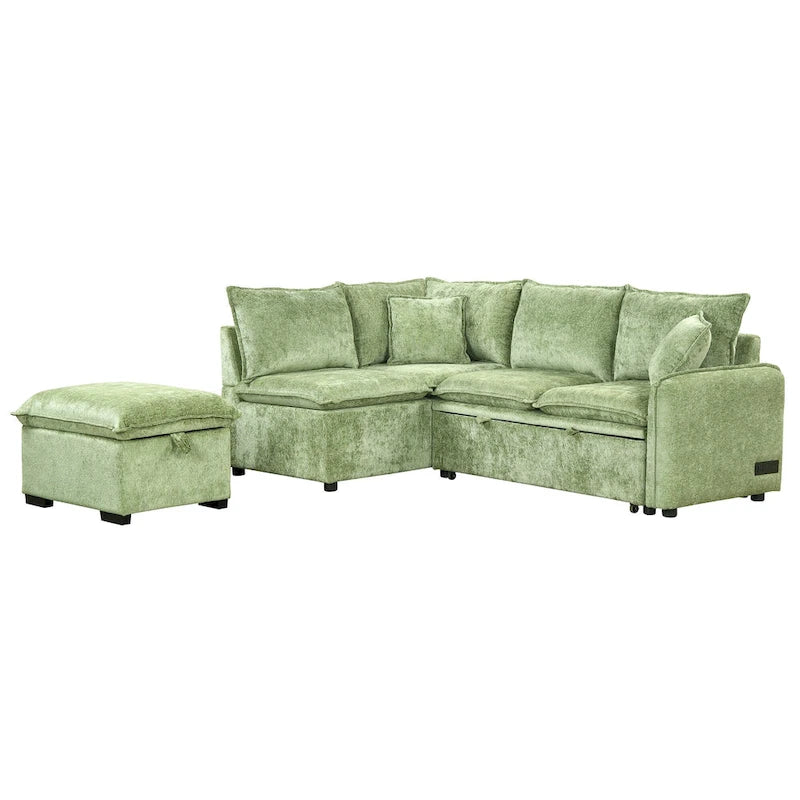 Roomfitters Convertible Sofa Bed Sectional Sleeper with Storage Ottoman, Two Pillows, USB Ports, and Power Sockets