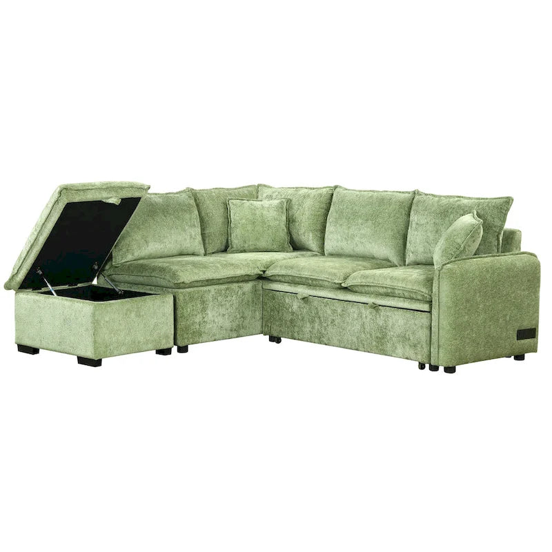 Roomfitters Convertible Sofa Bed Sectional Sleeper with Storage Ottoman, Two Pillows, USB Ports, and Power Sockets