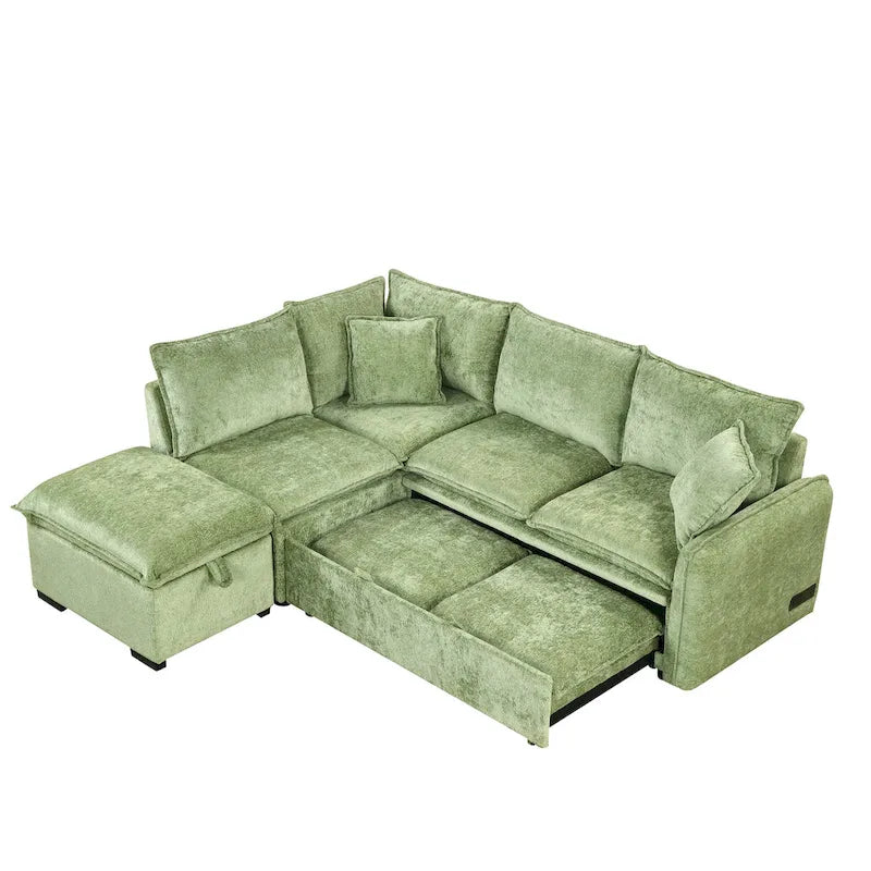 Roomfitters Convertible Sofa Bed Sectional Sleeper with Storage Ottoman, Two Pillows, USB Ports, and Power Sockets