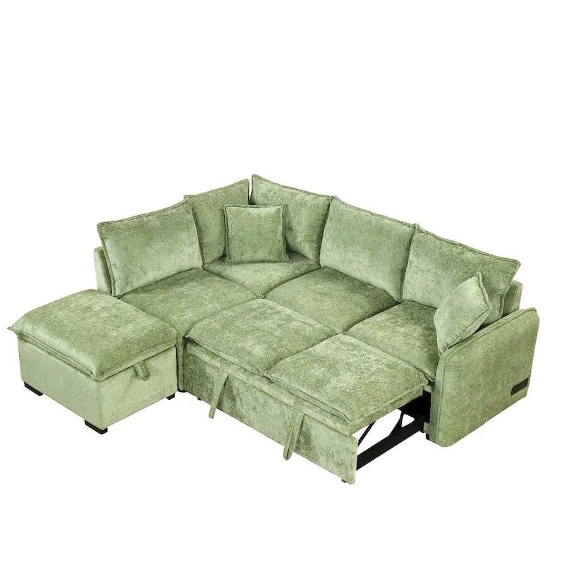 Roomfitters Convertible Sofa Bed Sectional Sleeper with Storage Ottoman, Two Pillows, USB Ports, and Power Sockets
