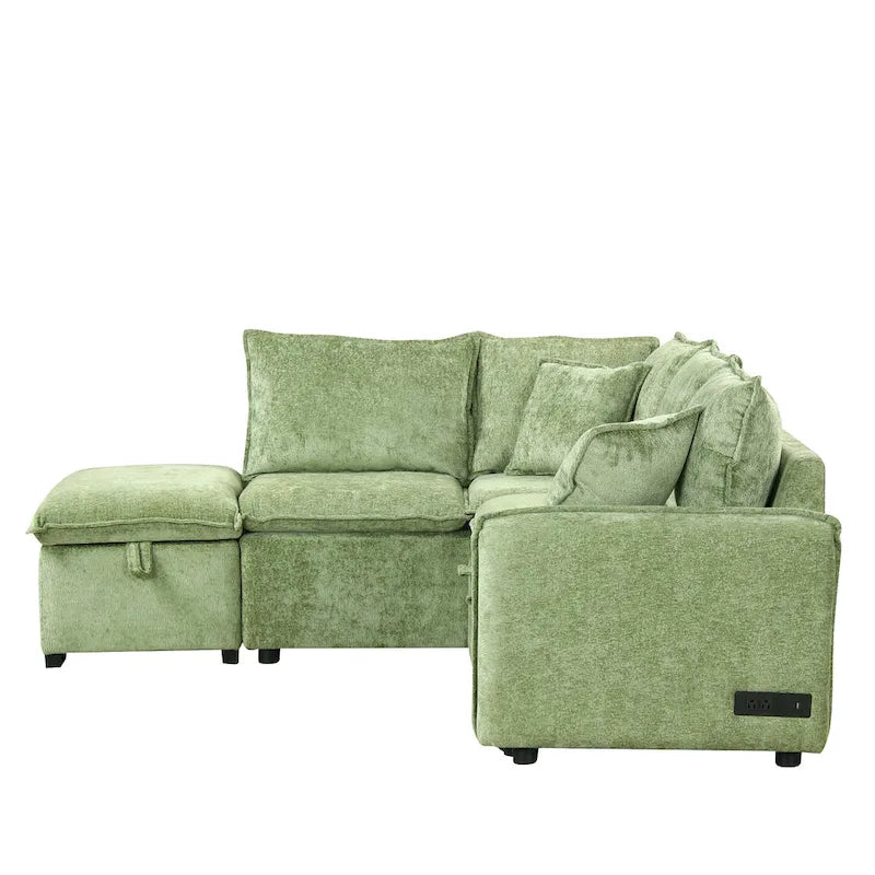 Roomfitters Convertible Sofa Bed Sectional Sleeper with Storage Ottoman, Two Pillows, USB Ports, and Power Sockets