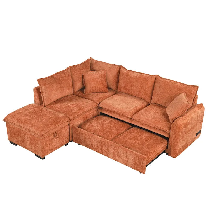 Roomfitters Convertible Sofa Bed Sectional Sleeper with Storage Ottoman, Two Pillows, USB Ports, and Power Sockets