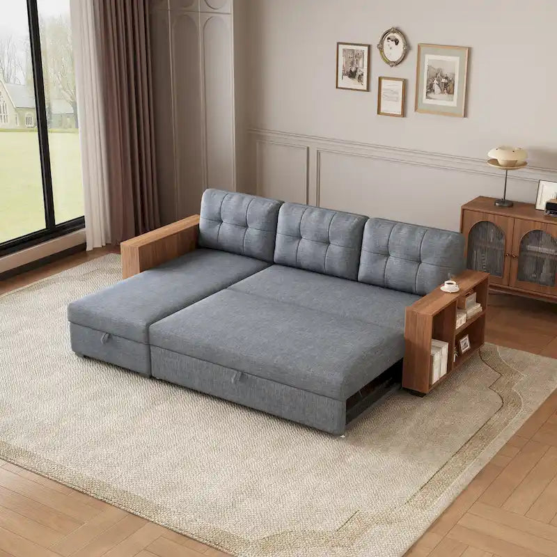 Grey 84 Convertible Corner 3-Seater Sectional Sofa with Storage Chaise, Pull-Out Sleeper Couch, and Elegant Wooden Armrests
