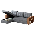 Grey 84 Convertible Corner 3-Seater Sectional Sofa with Storage Chaise, Pull-Out Sleeper Couch, and Elegant Wooden Armrests