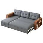 Grey 84 Convertible Corner 3-Seater Sectional Sofa with Storage Chaise, Pull-Out Sleeper Couch, and Elegant Wooden Armrests