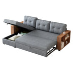 Grey 84 Convertible Corner 3-Seater Sectional Sofa with Storage Chaise, Pull-Out Sleeper Couch, and Elegant Wooden Armrests