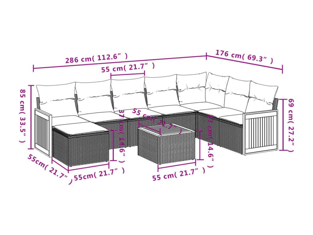 9-piece garden furniture set with cushions, black woven resin ZDLO23617