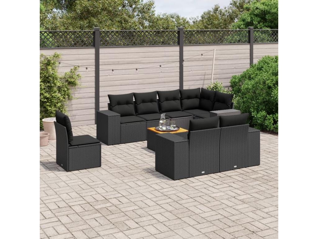 9-piece garden furniture set with cushions, black resin wicker, JZZZ22646