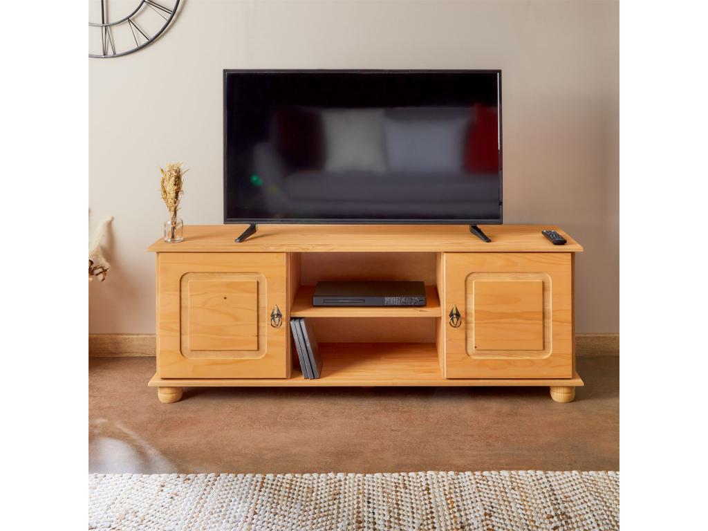 Elariva 134cm country-style wooden TV stand/bench with 2 doors and 2 niches in stained and waxed solid pine OHFH11883