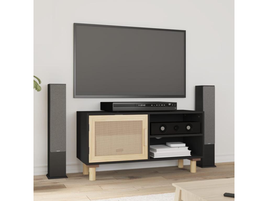 Black TV stand 80x30x40 cm Solid pine wood and natural rattan JRYK51073