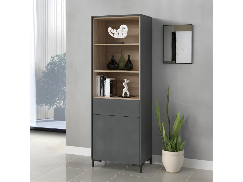Tall shelf in light oak grey concrete finish with black metal legs - Lysvia SAHA88915