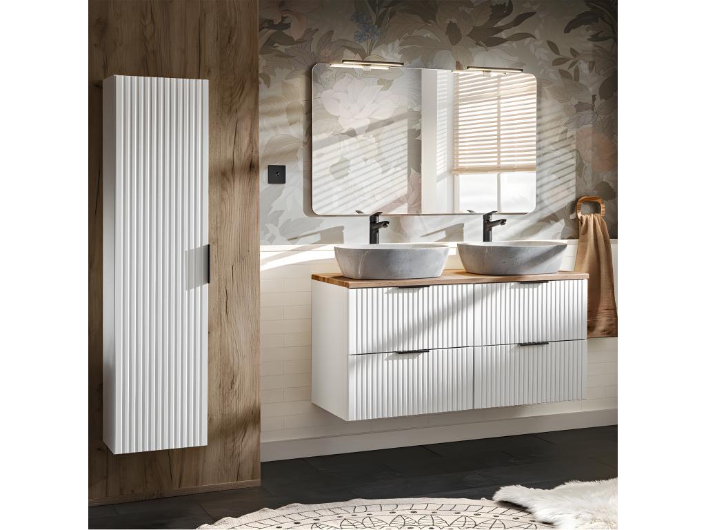 Double vanity unit set 120cm and tall cabinet, White and Stone effect QEFH21308
