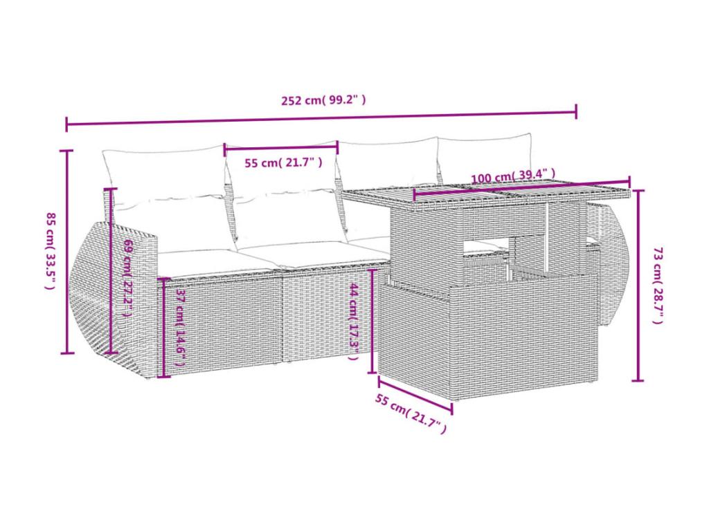 5-piece garden furniture set with cushions, black woven resin XIZC41522