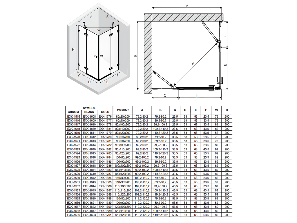 Shower enclosure 80x120cm with 2 pivot doors, GOLD finish, corner access DWLG39046