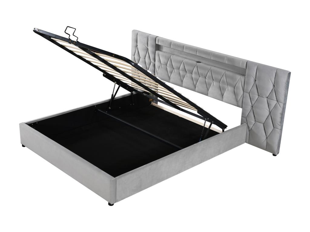 Elegant upholstered bed 160x200 cm with large velvet-padded headboard, LED and USB socket, grey JYTB02700