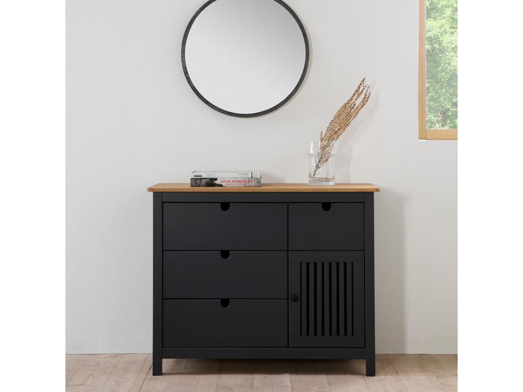 Elariva - Chest of Drawers with 4 Drawers and 1 Door, Waxed Wood and Dark Grey, SMPC50227