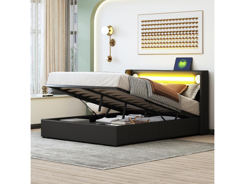 Upholstered double bed 140x200 black with LED lighting, Bluetooth player and USB charging, PU leather storage bed VMIH29036