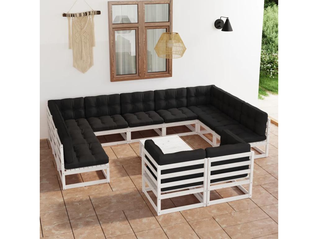 12-piece garden furniture set with cushions, white, solid pine wood, EPUD11101