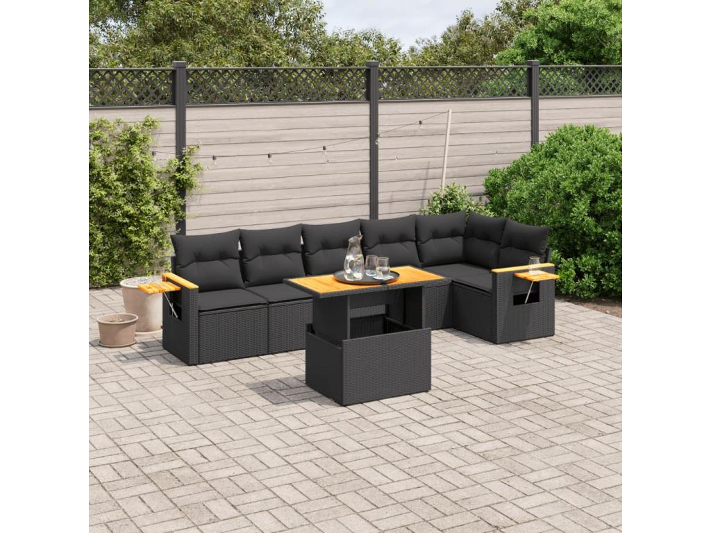 7-piece garden furniture set with cushions, black resin wicker HULQ06779