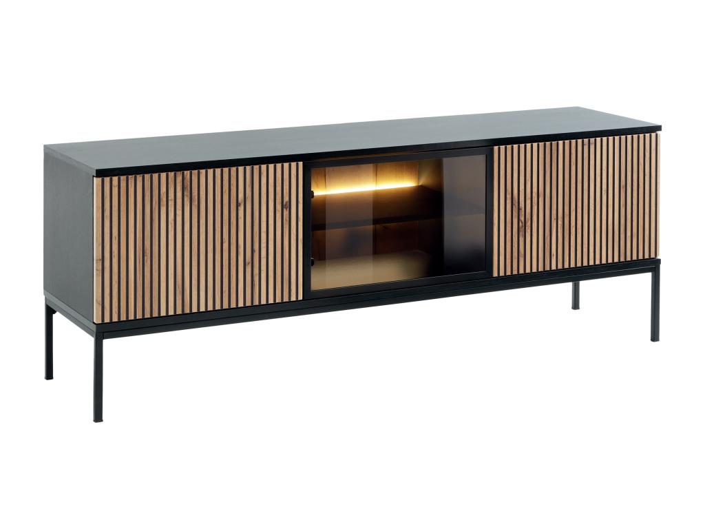 3-door TV unit with LEDs in MDF and smoked glass - Black and Natural - Lysvia VVNN65663