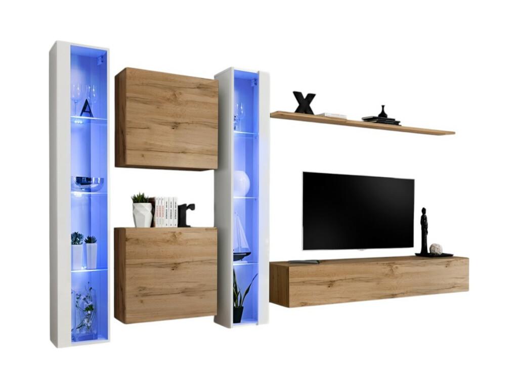 SWITCH XVI wall-mounted living room furniture set in oak and glossy white. RKET90804