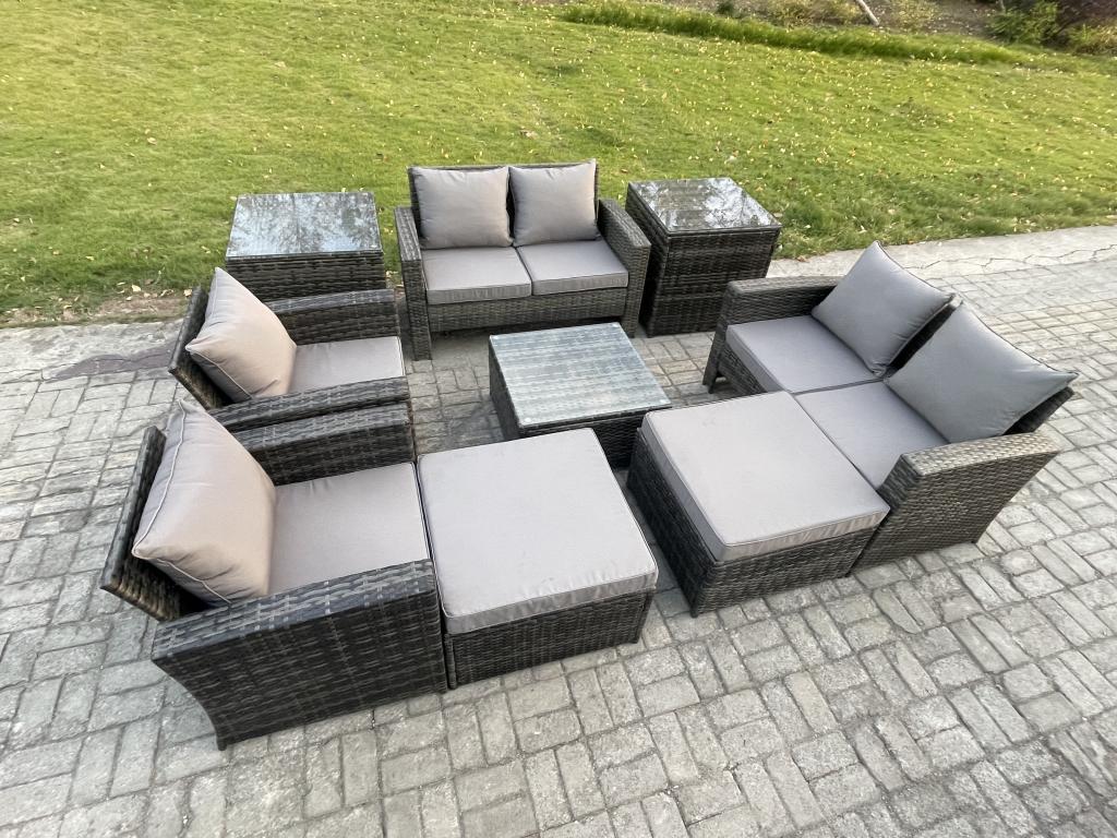 9-piece rattan garden furniture set with 2 large stools and 2 side tables, dark grey, BPGH03752