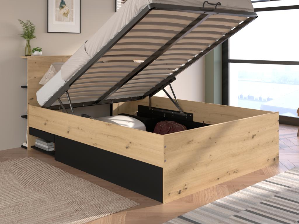 Storage bed 140x190 cm - Natural and black color - Elariva BPAC35653